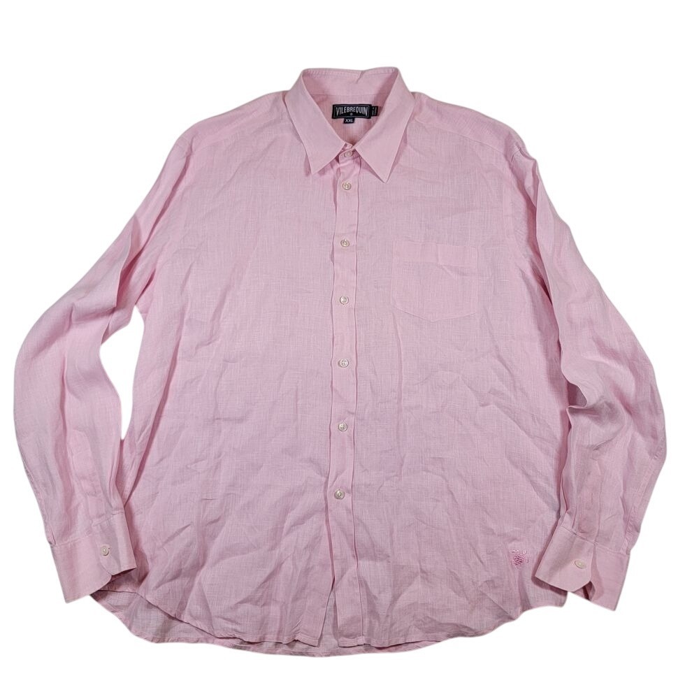 Vilebrequin Men Caroubis Logo Embroidered Linen Shirt Sz XXL Pink Button Up READ